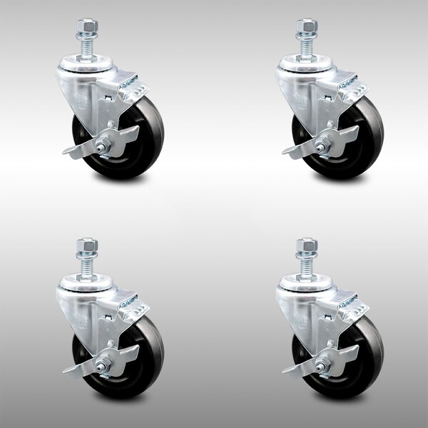 Service Caster 4 Inch SS Hard Rubber Wheel Swivel 10mm Threaded Stem Caster Set Brake SCC SCC-SSTS20S414-HRS-TLB-M1015-4 - main